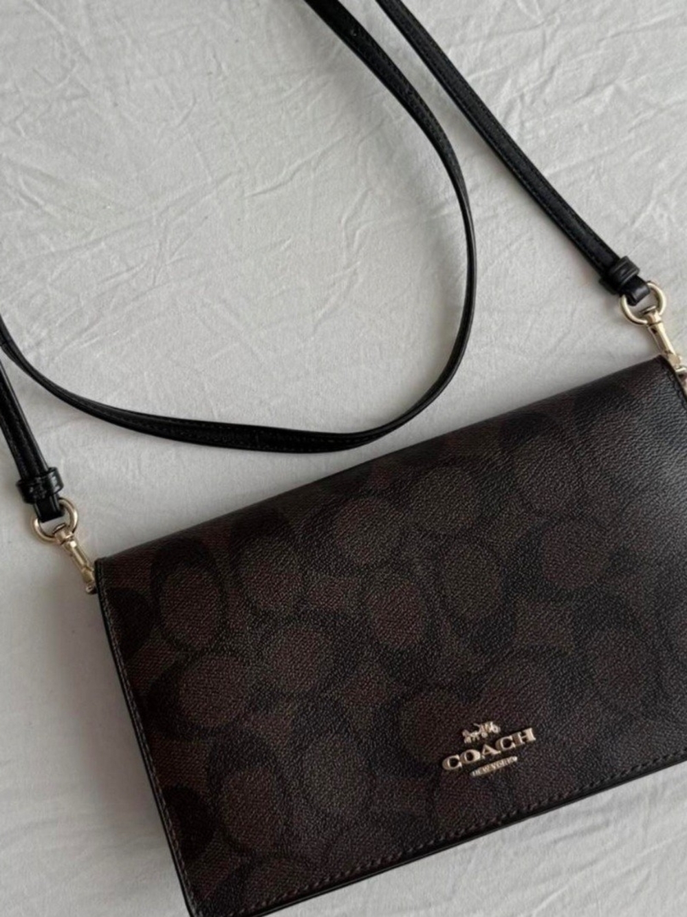 Coach Dark Brown Signature Crossbody Bag with Black Strap